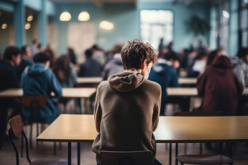Sad autistic teenage boy sitting alone in school cafeteria