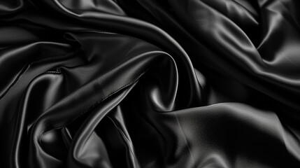 Fototapeta premium Black silk satin. Dark elegant background with space for design. Creases in fabric. Shiny, soft, smooth. Wide banner. Panoramic. 