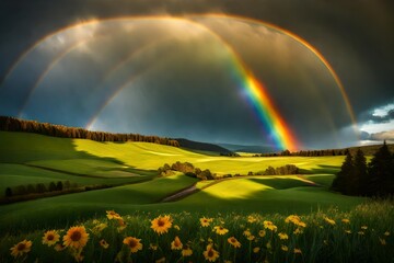 A rainbow arching over a serene countryside, adding a burst of color to the green fields below.