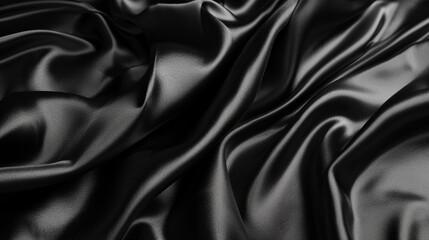 Fototapeta premium Black silk satin. Dark elegant background with space for design. Creases in fabric. Shiny, soft, smooth. Wide banner. Panoramic. 