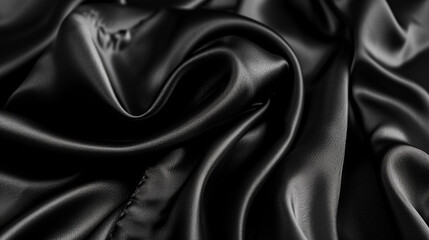 Obraz premium Black silk satin. Dark elegant background with space for design. Creases in fabric. Shiny, soft, smooth. Wide banner. Panoramic. 