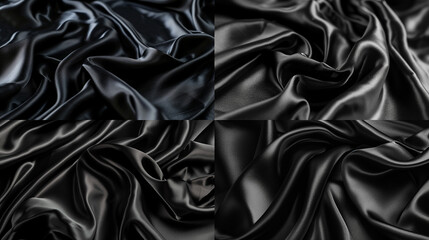 Black silk satin. Dark elegant background with space for design. Creases in fabric. Shiny, soft, smooth. Wide banner. Panoramic. 