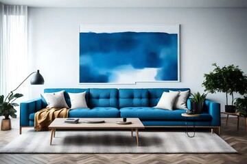 A minimalist living room with a blank frame above a sleek sofa in vibrant blue.