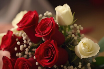 A closeup of a bouquet of red roses with a single white rose in the center, representing the beauty of love on Valentines Day