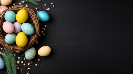 Happy Easter banner with easter eggs in the basket