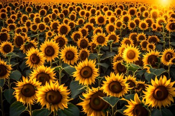 A field of sunflowers stretching towards the horizon, their golden petals basking in the sunlight.