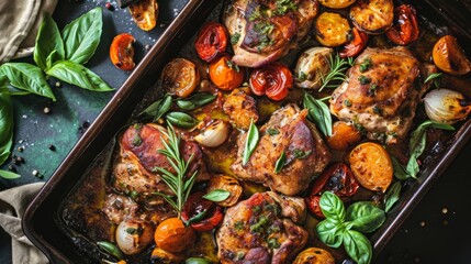 Roasted meat and vegetables cut varied in baking tray with basil and rosemary, top view, flat lay. Delicious home cooking. - obrazy, fototapety, plakaty
