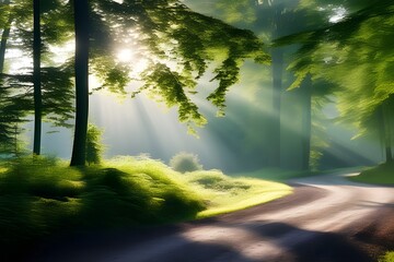 Winding-gravel-road-through-sunny-green-forest-illuminated-by-sunbeams-through-mist-of-trees,misty-morning-in-the-forest