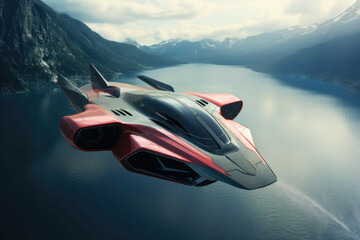 A futuristic vehicle - a sleek, futuristic vehicle, with a smooth, aerodynamic design, flying through a digital landscape - obrazy, fototapety, plakaty