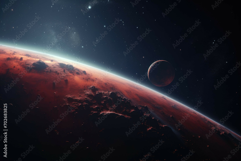 Wall mural a view of a planet's surface with a deep red hue and a few craters