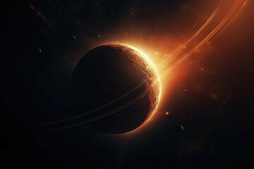 A shot of a distant planet, with its atmosphere visible and its rings illuminated by the sun