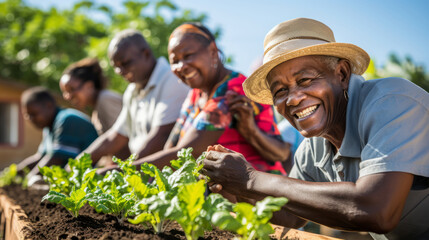 Naklejka na ściany i meble Joyous African American elders managing a community garden