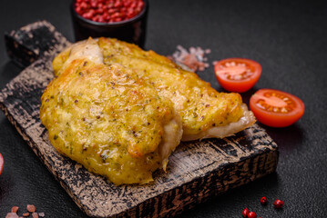 Delicious meat fried with Dijon mustard with salt, spices and herbs