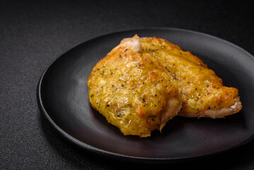 Delicious meat fried with Dijon mustard with salt, spices and herbs