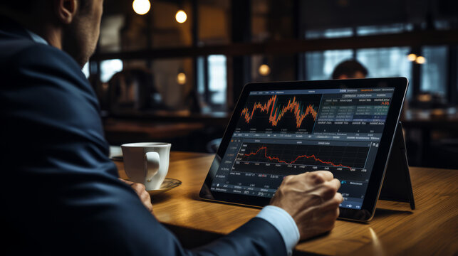 Businessman checking stock market at a coffee shop