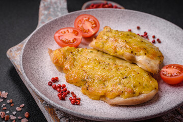 Delicious meat fried with Dijon mustard with salt, spices and herbs