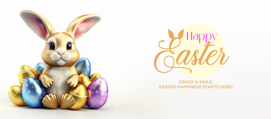3D Gold Cute shining bunny with easter colorful eggs
