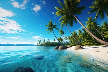 A panoramic view of a tropical beach with turquoise waters and palm trees 