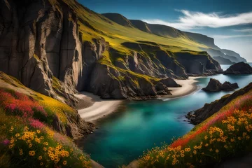 Zelfklevend Fotobehang A serene coastal inlet with calm waters, surrounded by cliffs adorned with vibrant wildflowers. © NUSRAT ART