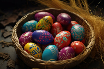 Fototapeta na wymiar A basket of brightly colored Easter eggs with a variety of shapes and sizes