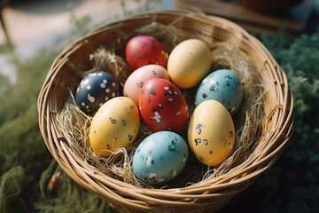 Fototapeta premium A basket of Easter eggs in a variety of colors, shapes, and sizes, arranged in a beautiful and creative way