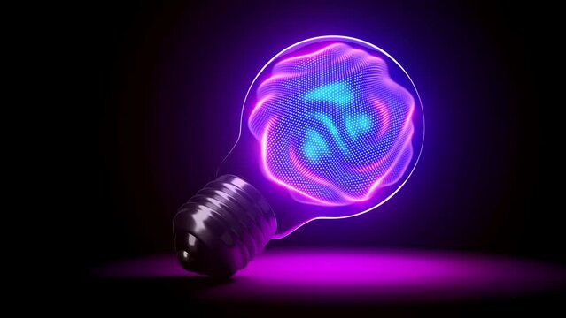 Neon glow of neon 3D sphere with moving waving pixelated surface inside the light bulb. Abstract concept of artificial intelligence (AI), machine learning thinking. Looped animation, black background
