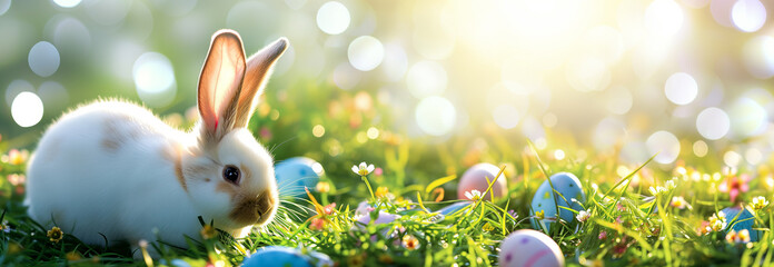 Abstract defocused Easter picture with Bunny and Easter eggs on the spring grass. .banner. copy space	