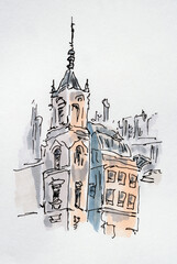 City sketch created with liner and markers. Color illustration on watercolor paper - 702684804