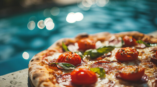 mouthwatering pizza next to summer swimming pool
