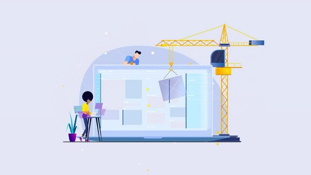2d Animated Woman Working On Laptop Computer Website, Man Helping Designing Interface With Crane.