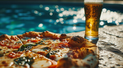mouthwatering pizza and beer glass next to summer swimming pool