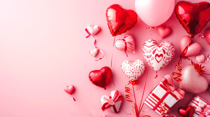 Pastel pink table with colorful heart-shaped balloons for birthday or valentine's day. AI generated