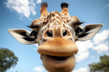 A close up of a giraffe's face, with its long tongue sticking out and its eyes looking directly at the camera - obrazy, fototapety, plakaty