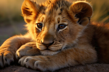 Obraz premium A baby lion cub resting its head on its mother's paw
