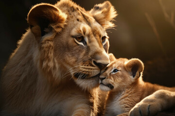 Obraz premium A baby lion cub with its mother, in a warm embrace and looking into each other's eyes