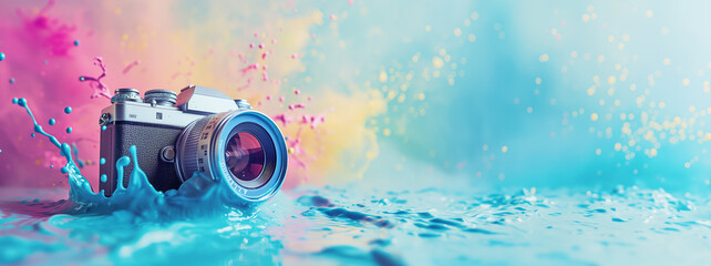 pink abstract photo camera on the background of colored paint rainbow splashes isolated on pastel...