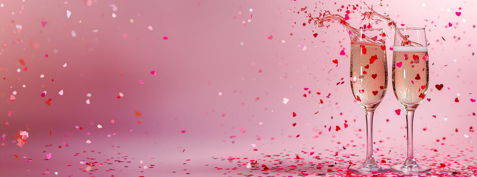 Two champagne glasses with splashes of confetti hearts on a pink background. copy space. Valentine's Day greeting card concept - Powered by Adobe