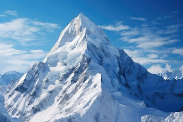 a majestic mountain peak with snow-capped peaks and a vibrant blue sky in the background