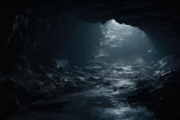 a mysterious, dark cave, illuminated by a single beam of light