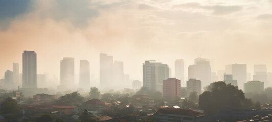 Fototapeta na wymiar Smog city from PM 2.5 dust, Cityscape of buildings with bad weather and air pollution,Toxic haze in the city, Unhealthy air pollution dust, environment, Blurred image