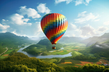 Naklejka premium a colorful hot air balloon rising up into the sky with a picturesque view of the landscape below