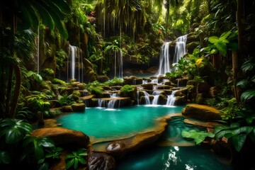 A lush, tropical paradise with waterfalls cascading into a pristine emerald pool surrounded by vibrant flora.