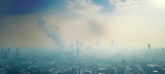 Naklejka premium Smog city from PM 2.5 dust, Cityscape of buildings with bad weather and air pollution,Toxic haze in the city, Unhealthy air pollution dust, environment, Blurred image