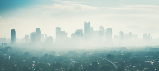 Smog city from PM 2.5 dust, Cityscape of buildings with bad weather and air pollution,Toxic haze in the city, Unhealthy air pollution dust, environment, Blurred image - obrazy, fototapety, plakaty