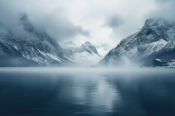 Fototapeta na wymiar A foggy mountain lake surrounded by snow-covered peaks