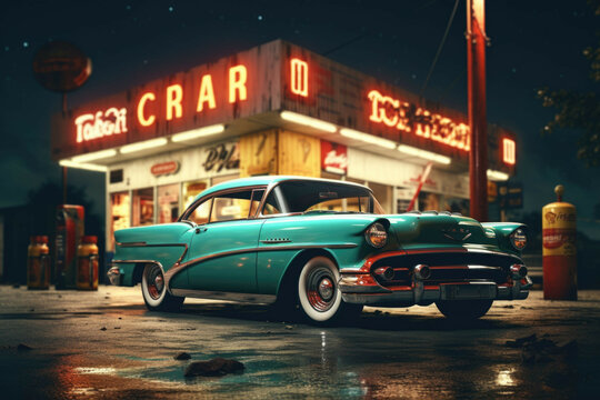 A vintage car parked in front of a retro gas station