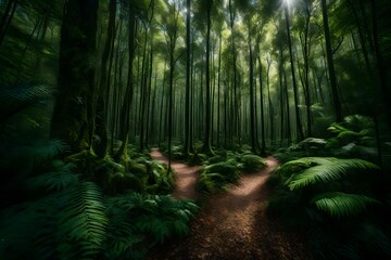 Fototapeta premium A network of walking trails leading through a dense forest, inviting exploration of the diverse and captivating nature on the island.