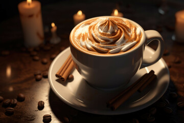 A cup of freshly-brewed coffee with a swirl of cream and a sprinkle of cinnamon