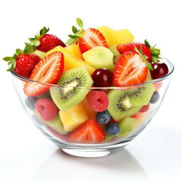 A bowl of fresh fruit salad with a variety of fruits, isolated on white background