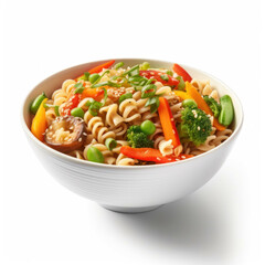 A bowl of freshly cooked noodles with a variety of vegetables isolated on white background